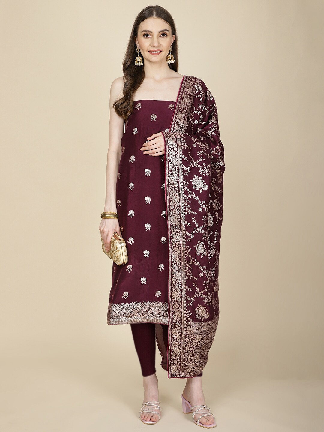 

Meena Bazaar Unstitched Dress Material, Burgundy
