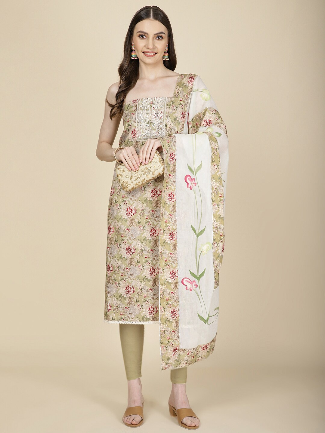 

Meena Bazaar Floral Printed Unstitched Dress Material, Green