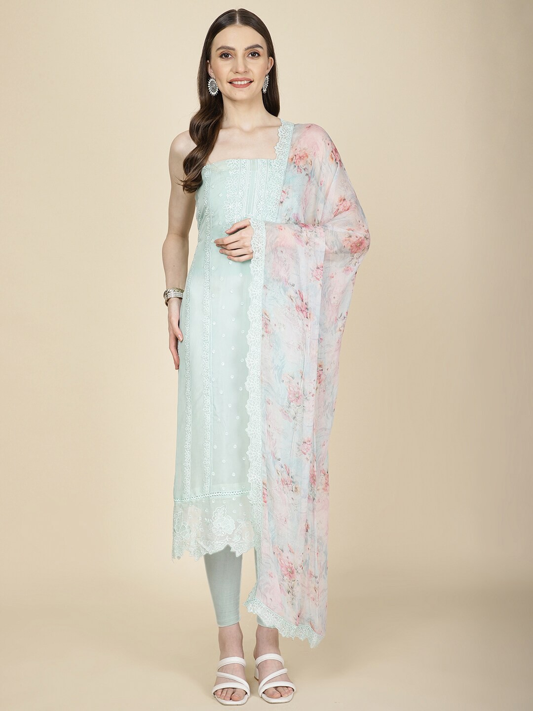 

Meena Bazaar Floral Embroidered Organza Unstitched Dress Material, Sea green