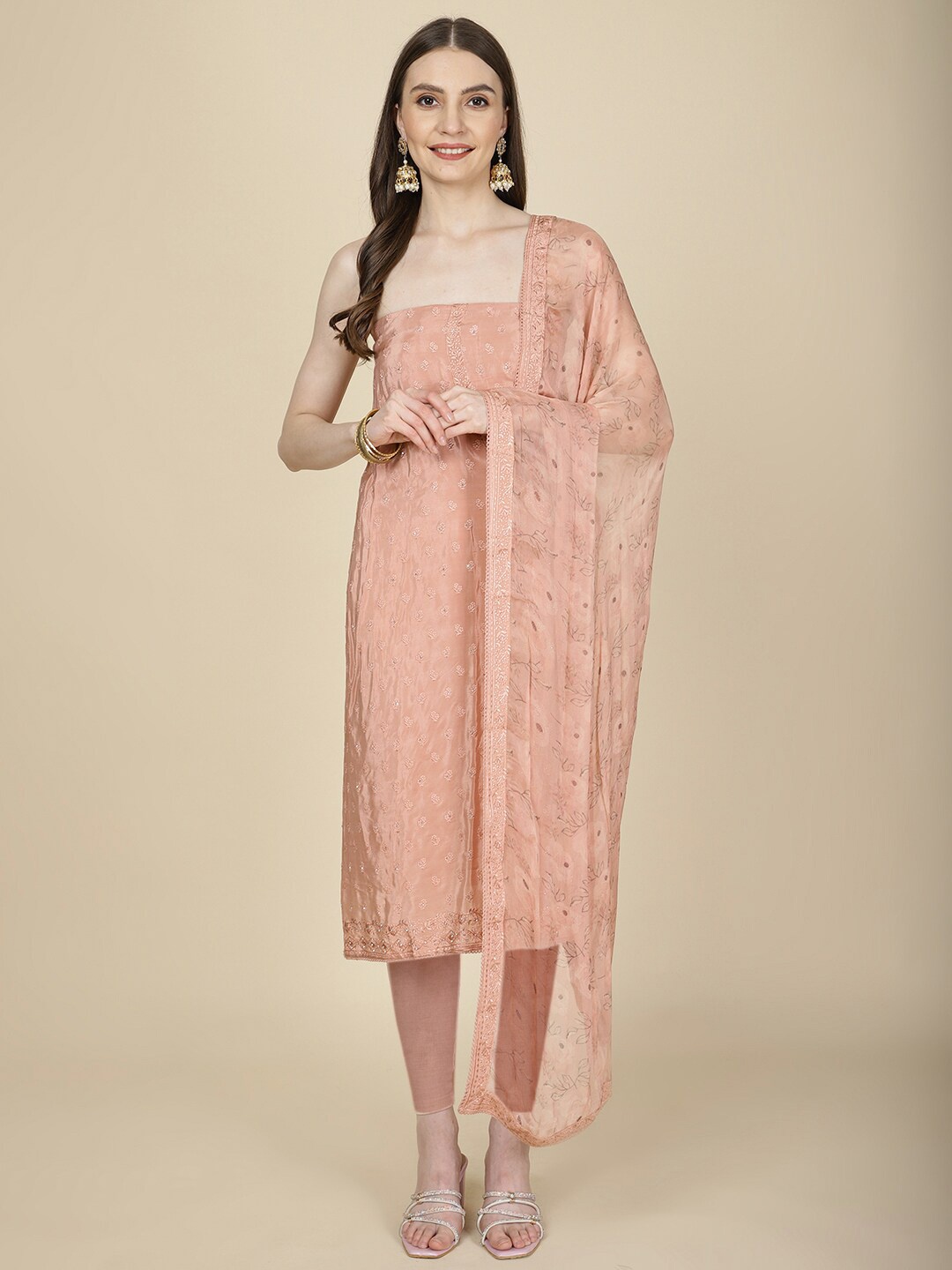 

Meena Bazaar Floral Embroidered Sequinned Unstitched Dress Material, Peach