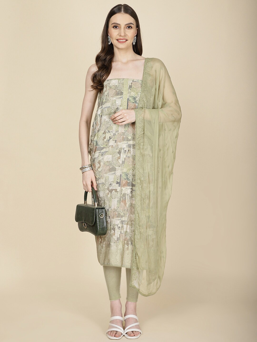 

Meena Bazaar Abstract Embroidered Unstitched Dress Material, Green