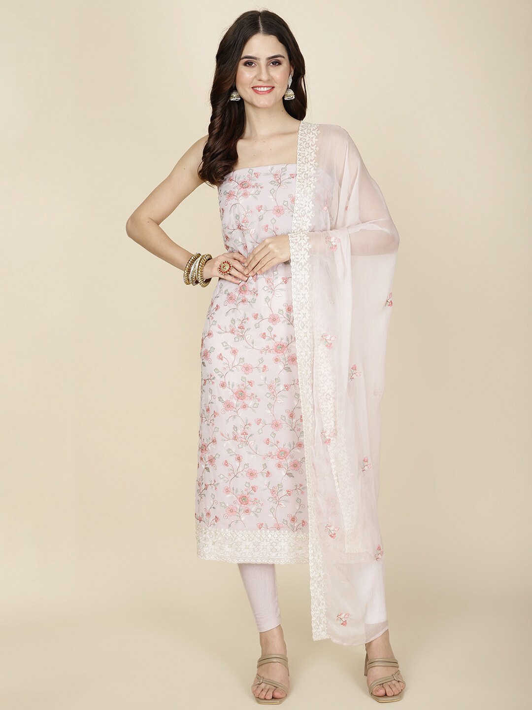 

Meena Bazaar Floral Embroidered Unstitched Dress Material, Pink