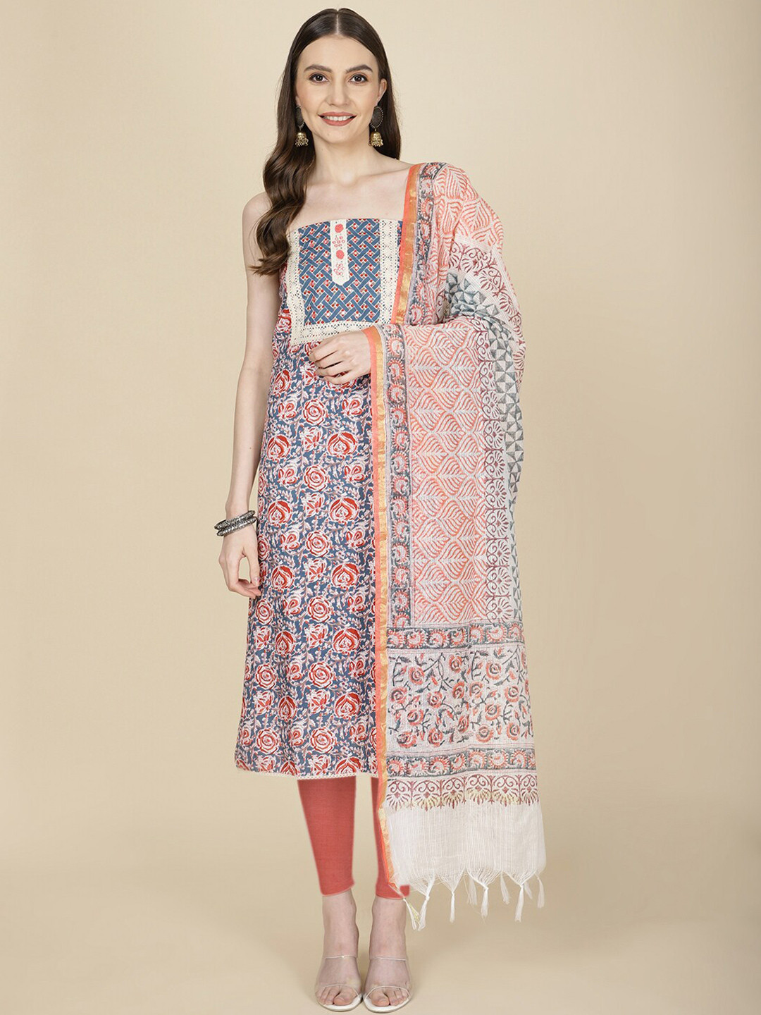 

Meena Bazaar Printed Unstitched Dress Material, Blue