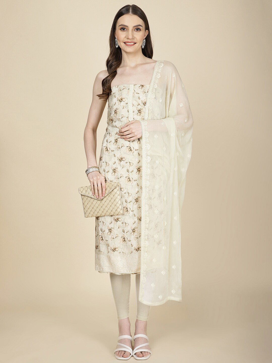

Meena Bazaar Floral Printed Unstitched Dress Material, Cream