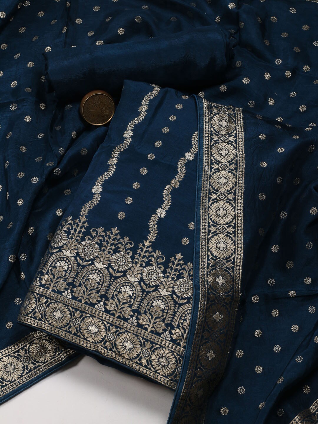 

Meena Bazaar Ethnic Motifs Woven Design Zari Unstitched Dress Material, Navy blue