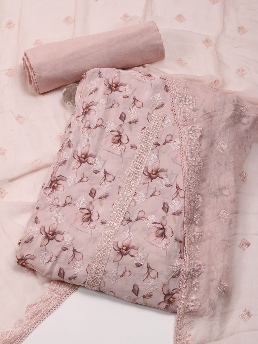 

Meena Bazaar Floral Printed Unstitched Dress Material, Pink
