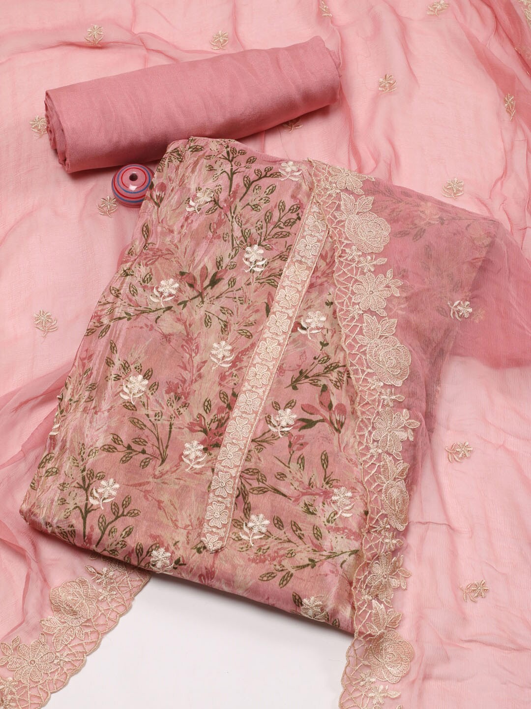 

Meena Bazaar Floral Embroidered Zari Art Silk Unstitched Dress Material, Pink