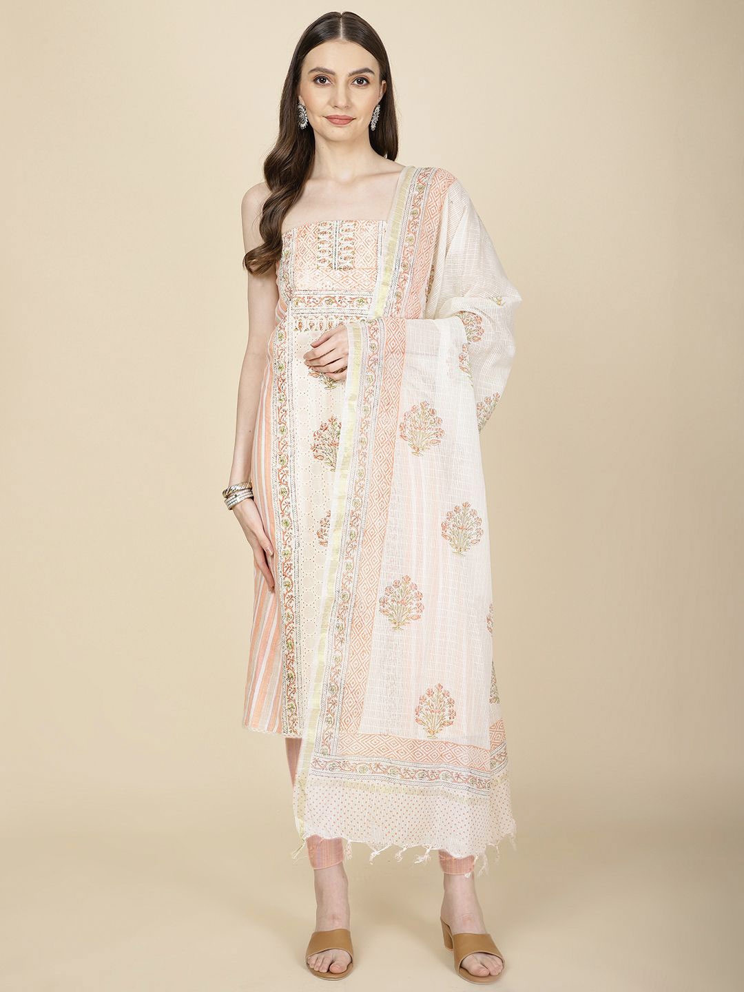 

Meena Bazaar Ethnic Motifs Printed Mirror Work Unstitched Dress Material, Cream
