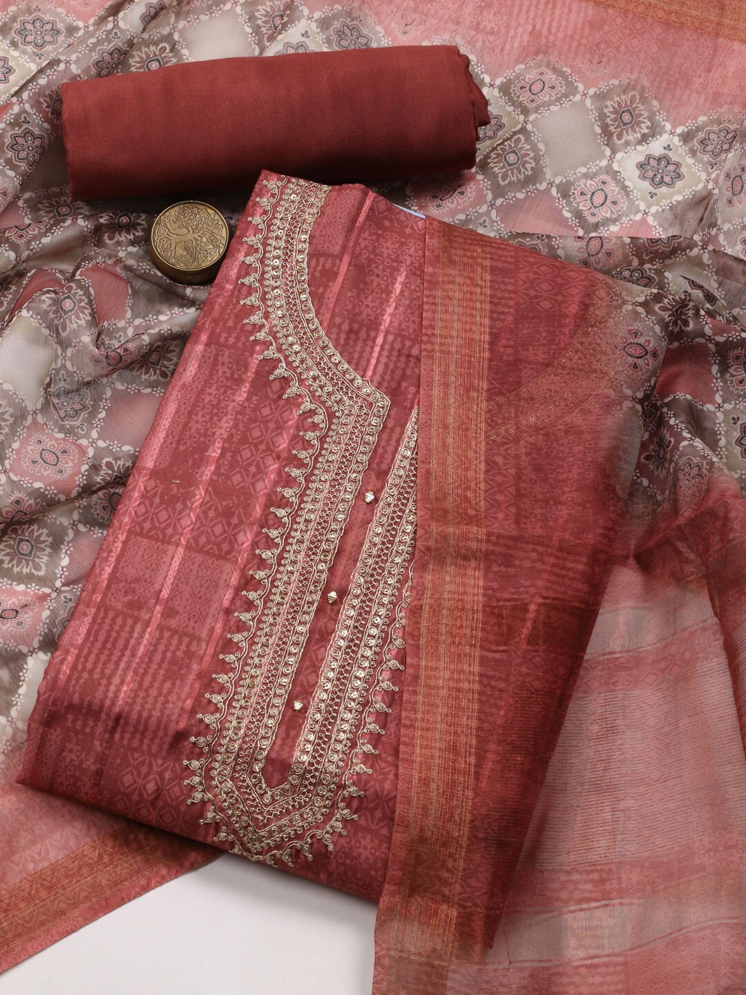 

Meena Bazaar Ethnic Motifs Printed Zari Unstitched Dress Material, Rust