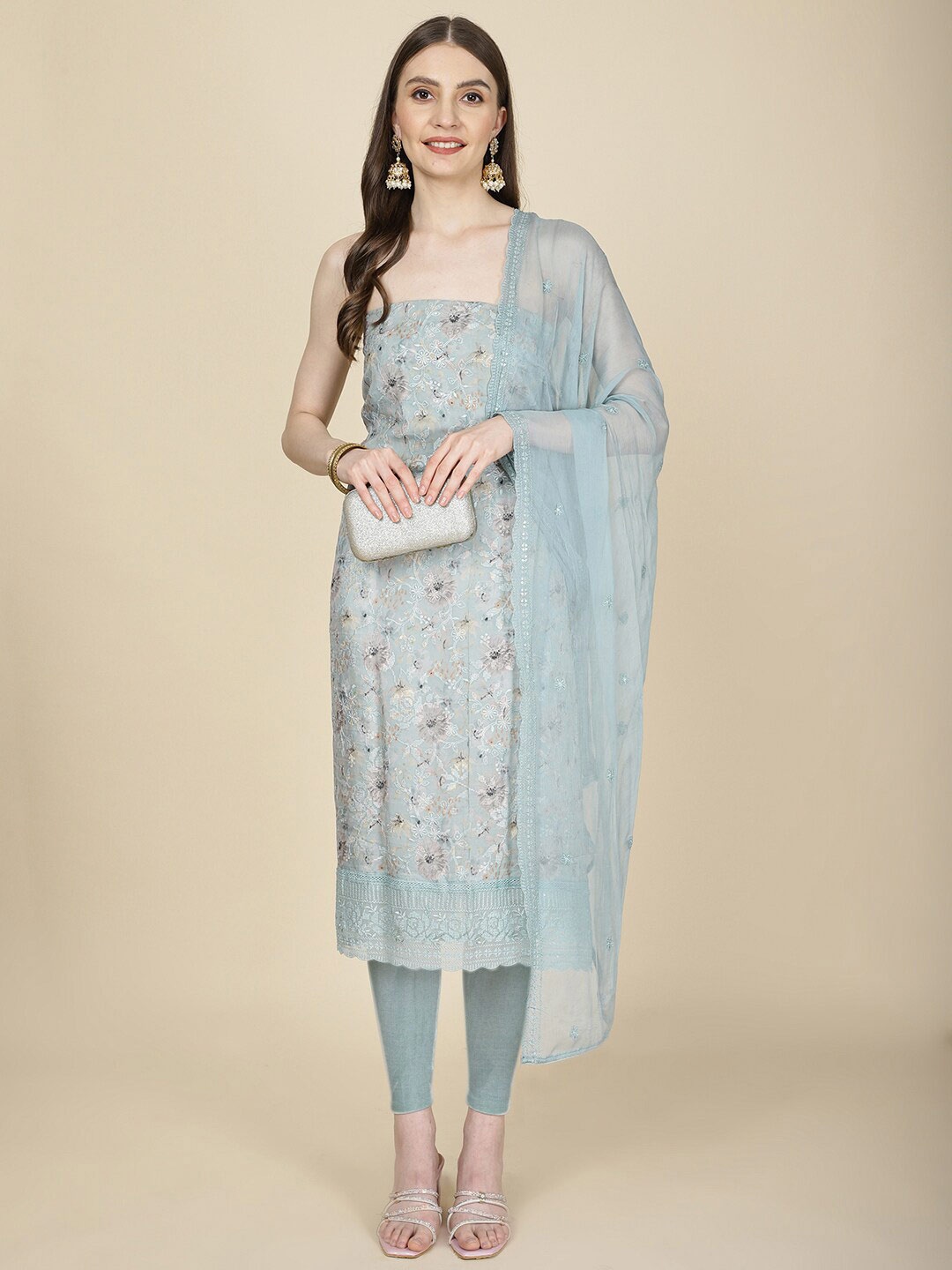 

Meena Bazaar Floral Printed Unstitched Dress Material, Blue