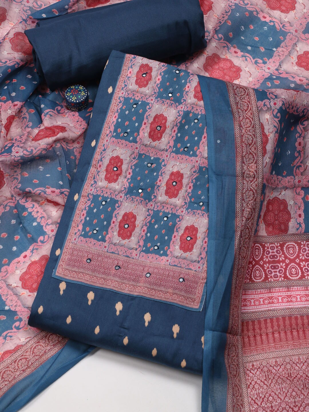 

Meena Bazaar Printed Unstitched Dress Material, Navy blue