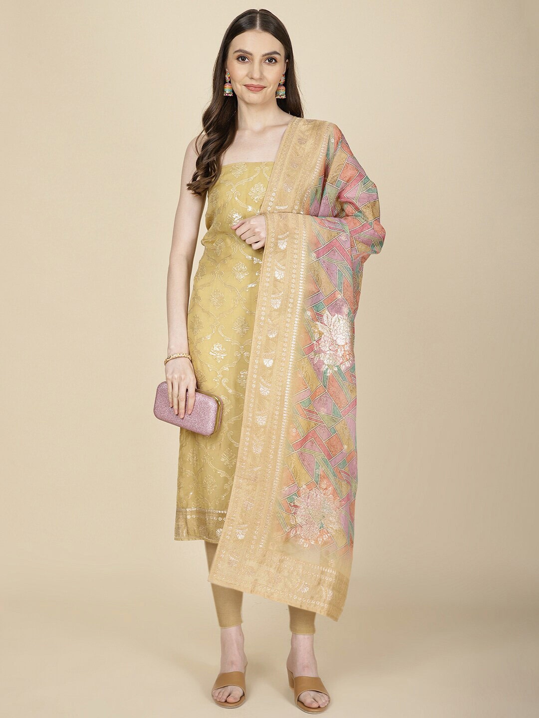 

Meena Bazaar Ethnic Motifs Embellished Sequinned Organza Unstitched Dress Material, Mustard