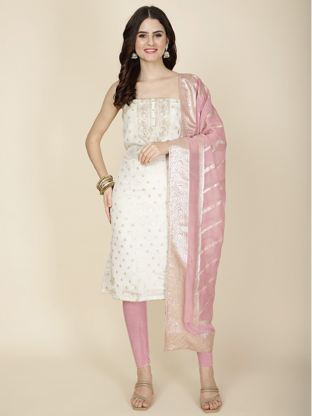 

Meena Bazaar Woven Design Art Silk Unstitched Dress Material, Cream