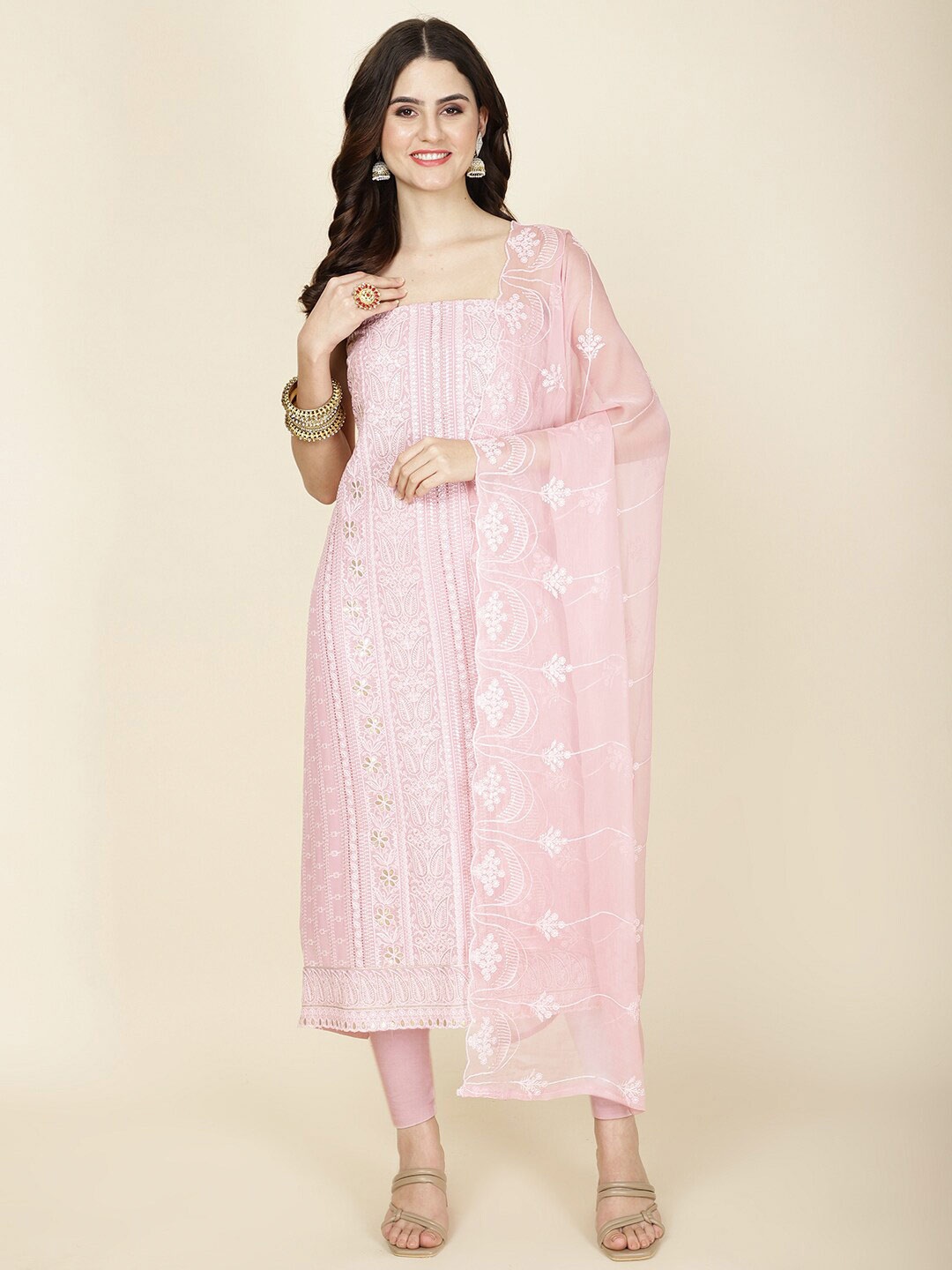 

Meena Bazaar Ethnic Motifs Embroidered Sequinned Unstitched Dress Material, Pink