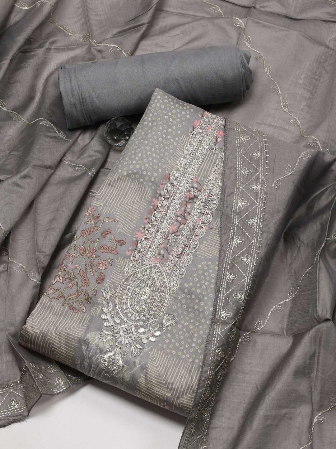 

Meena Bazaar Printed Unstitched Dress Material, Grey