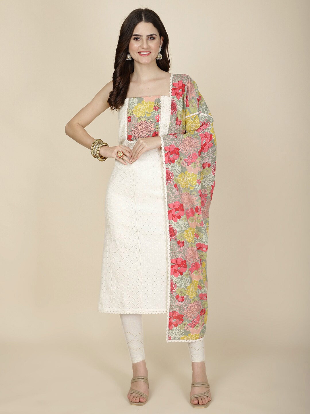 

Meena Bazaar Embroidered Unstitched Dress Material, Cream