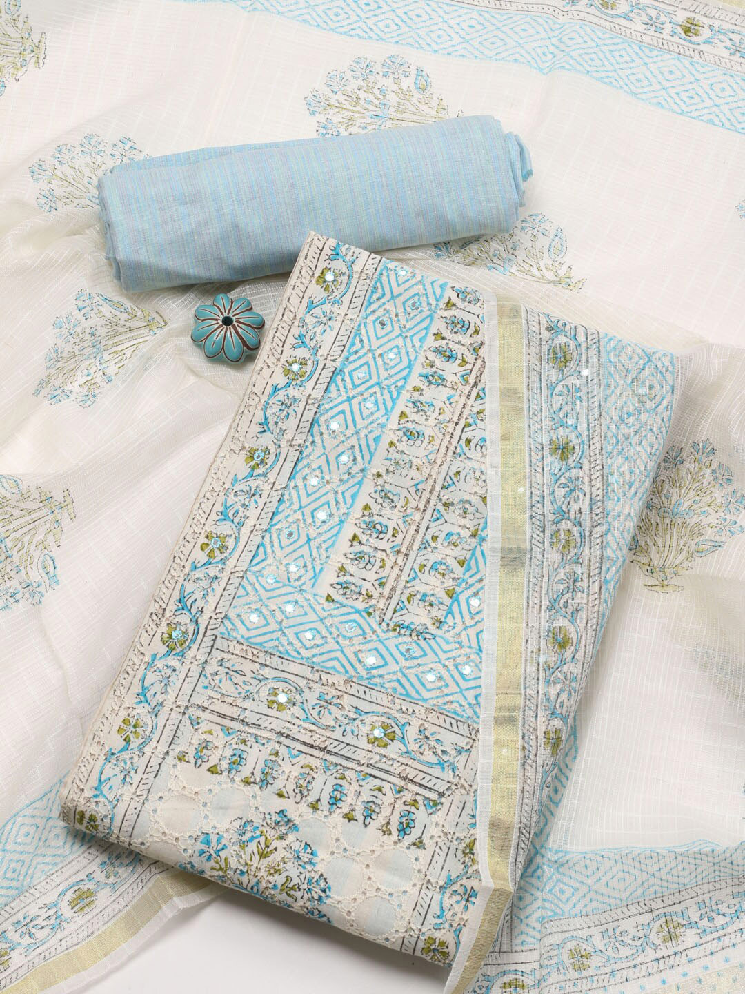 

Meena Bazaar Ethnic Motifs Printed Mirror Work Unstitched Dress Material, Cream