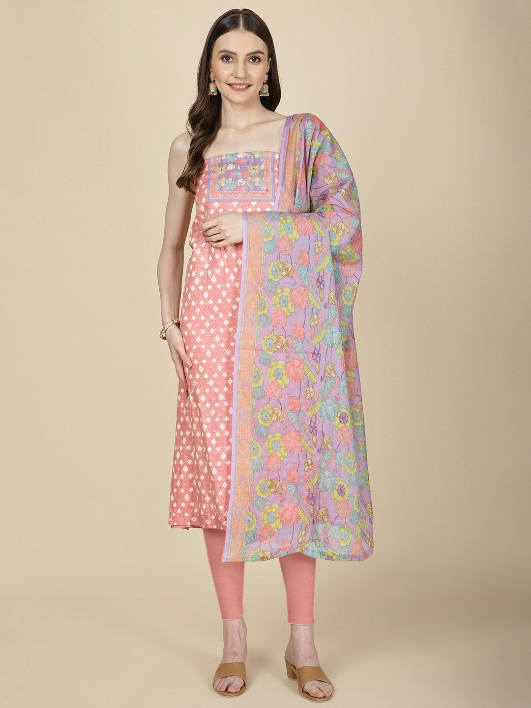 

Meena Bazaar Ethnic Motifs Printed Mirror Work Unstitched Dress Material, Pink