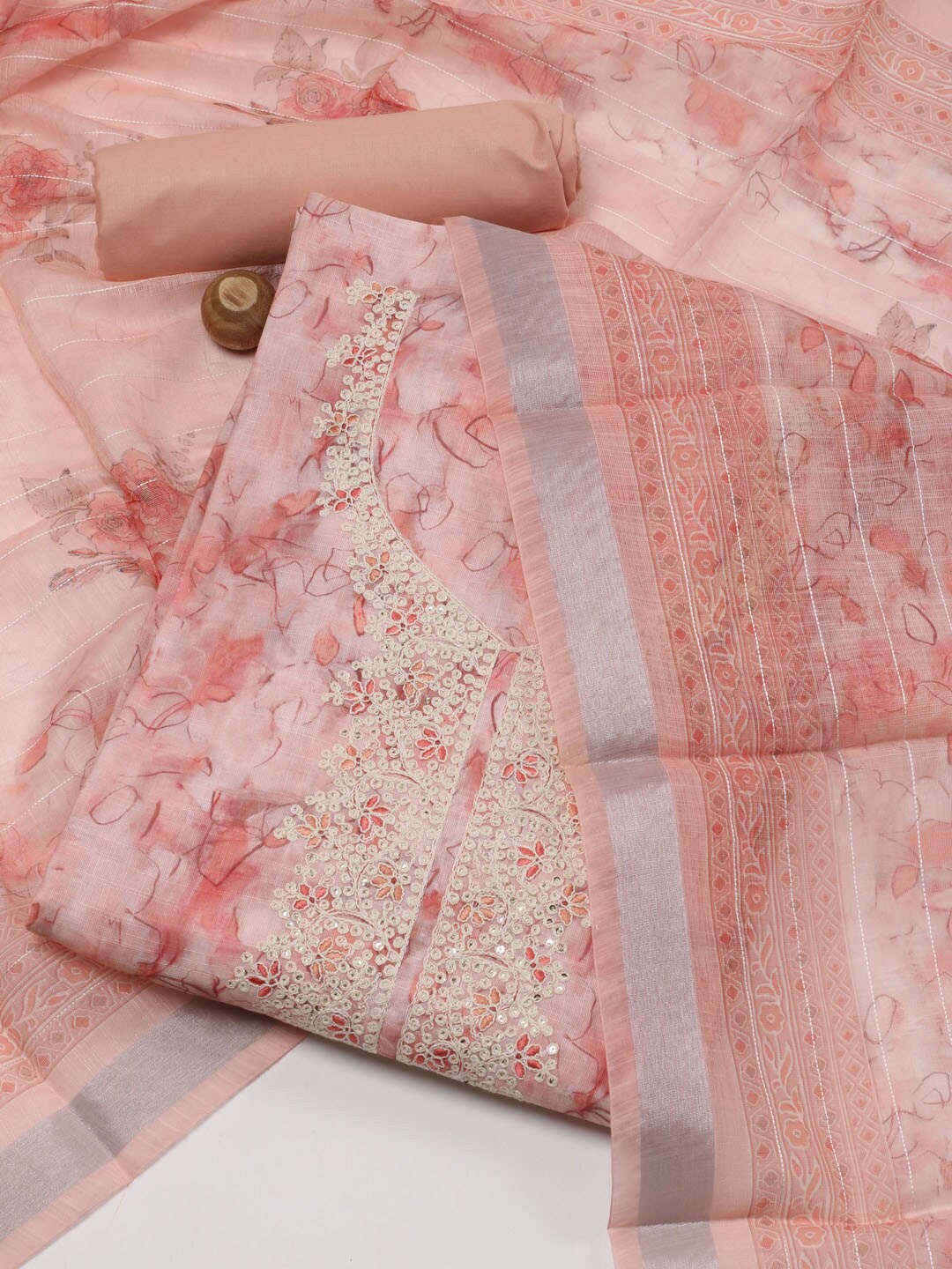 

Meena Bazaar Printed Unstitched Dress Material, Peach