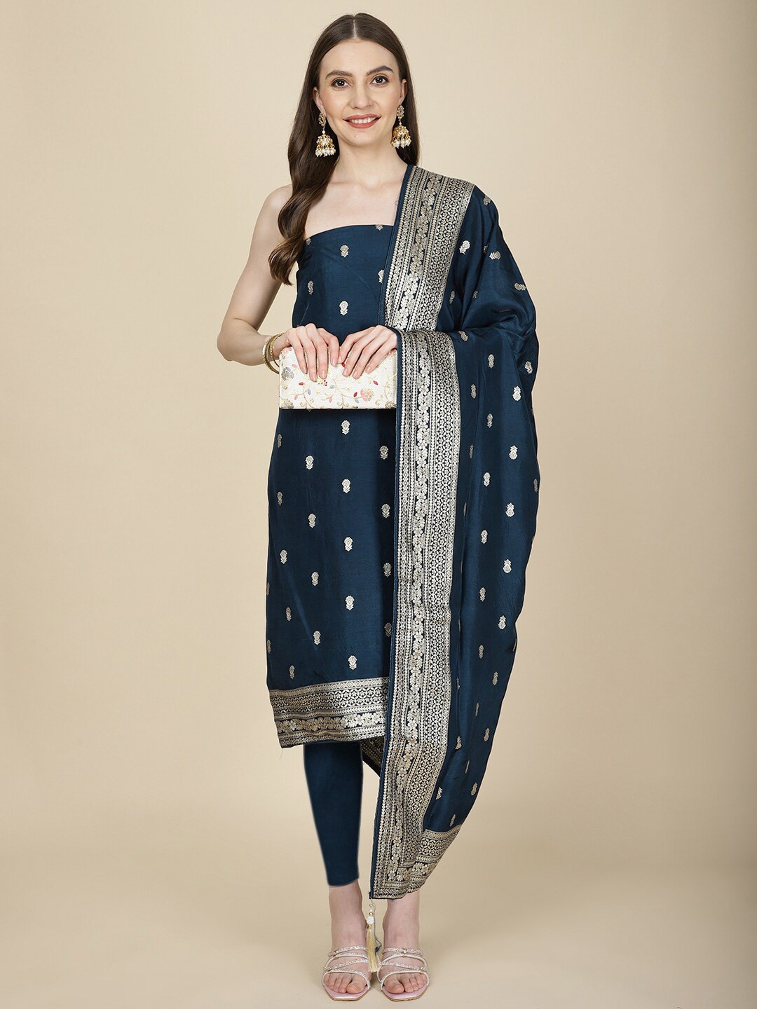 

Meena Bazaar Woven Design Chanderi Unstitched Dress Material, Navy blue
