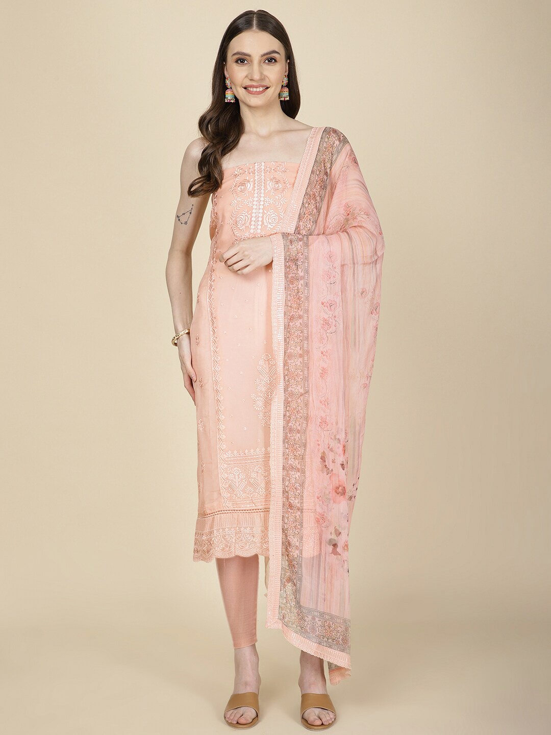 

Meena Bazaar Floral Embroidered Unstitched Dress Material, Peach
