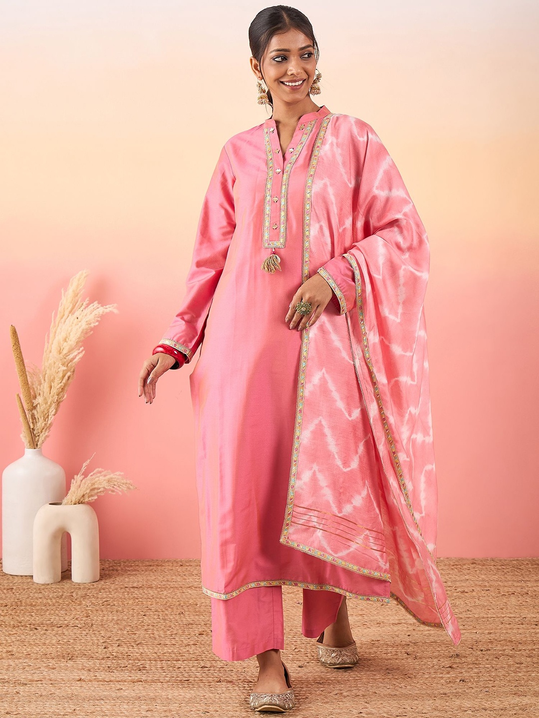 

Madhuni Beads And Stones Pure Silk Straight Kurta With Palazzos & Dupatta, Pink