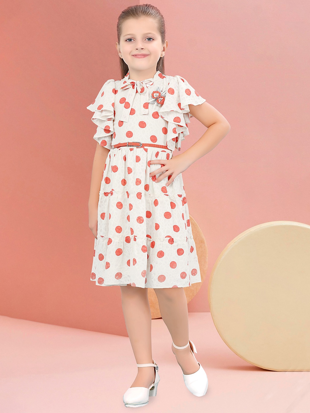 

Hunny Bunny Girls Polka Dot Printed Tie-Up Neck Chiffon Fit & Flare Dress With Hat, White