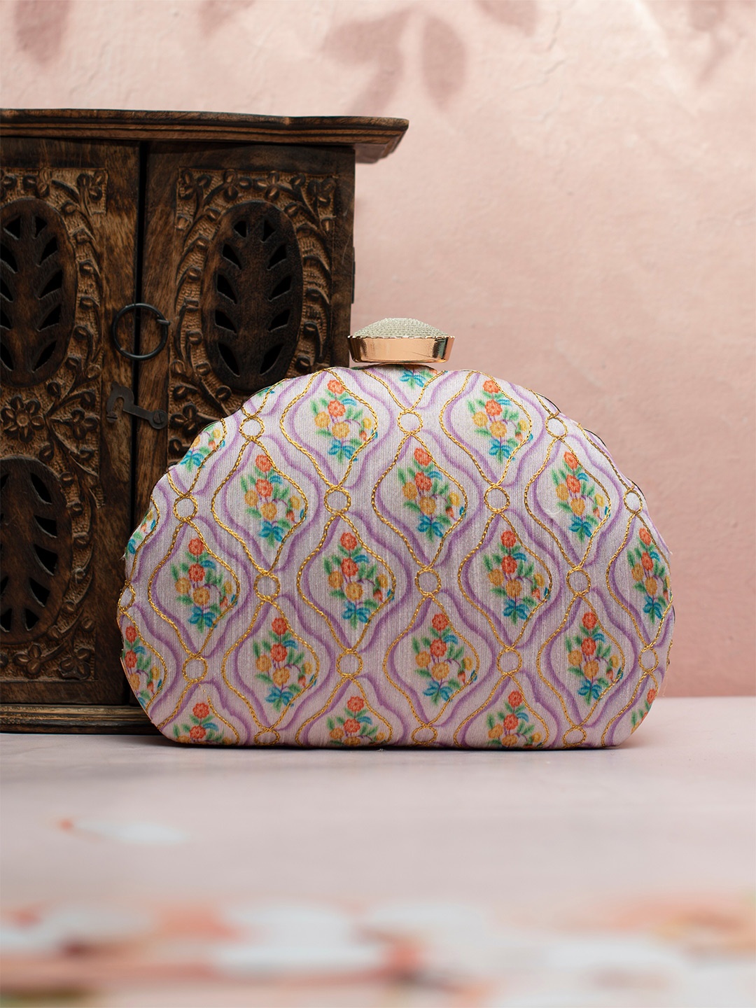 

ARTKLIM Floral Printed Embroidered Half Moon Clutch, Off white