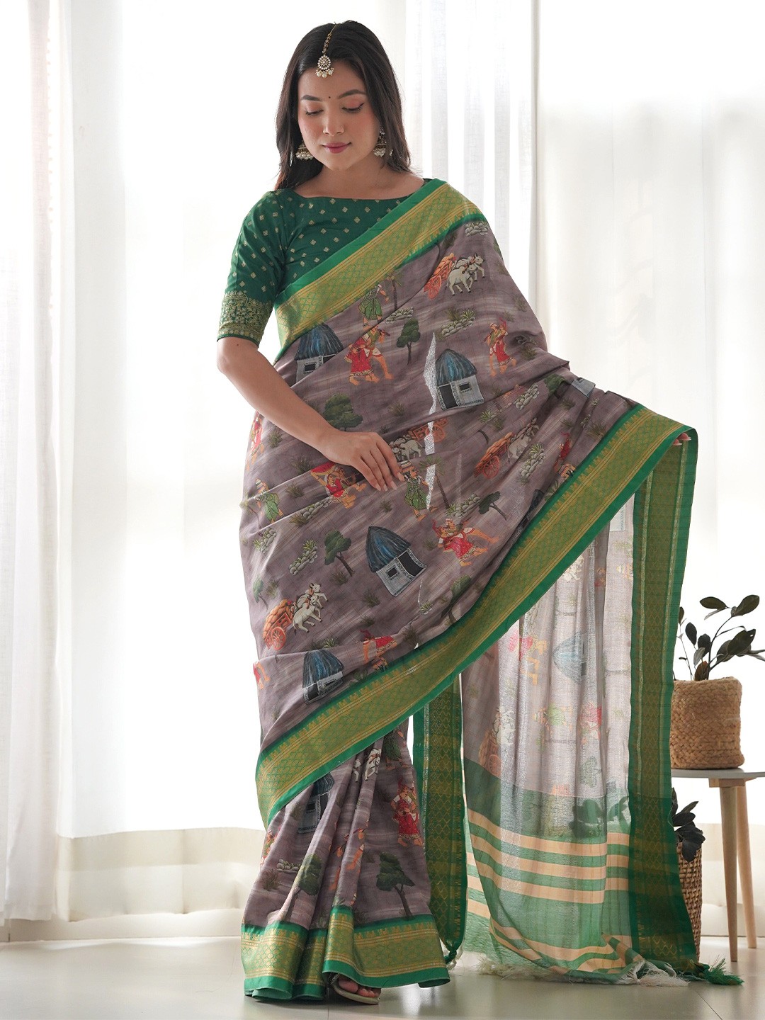

RV CREATION Kalamkari Zari Art Silk Tussar Saree, Olive