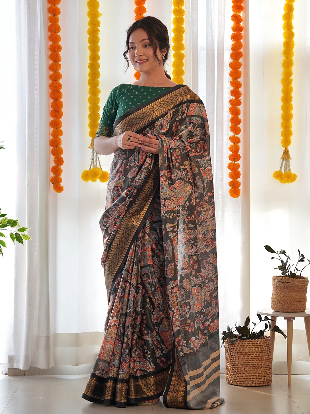 

RV CREATION Kalamkari Art Silk Tussar Saree, Brown