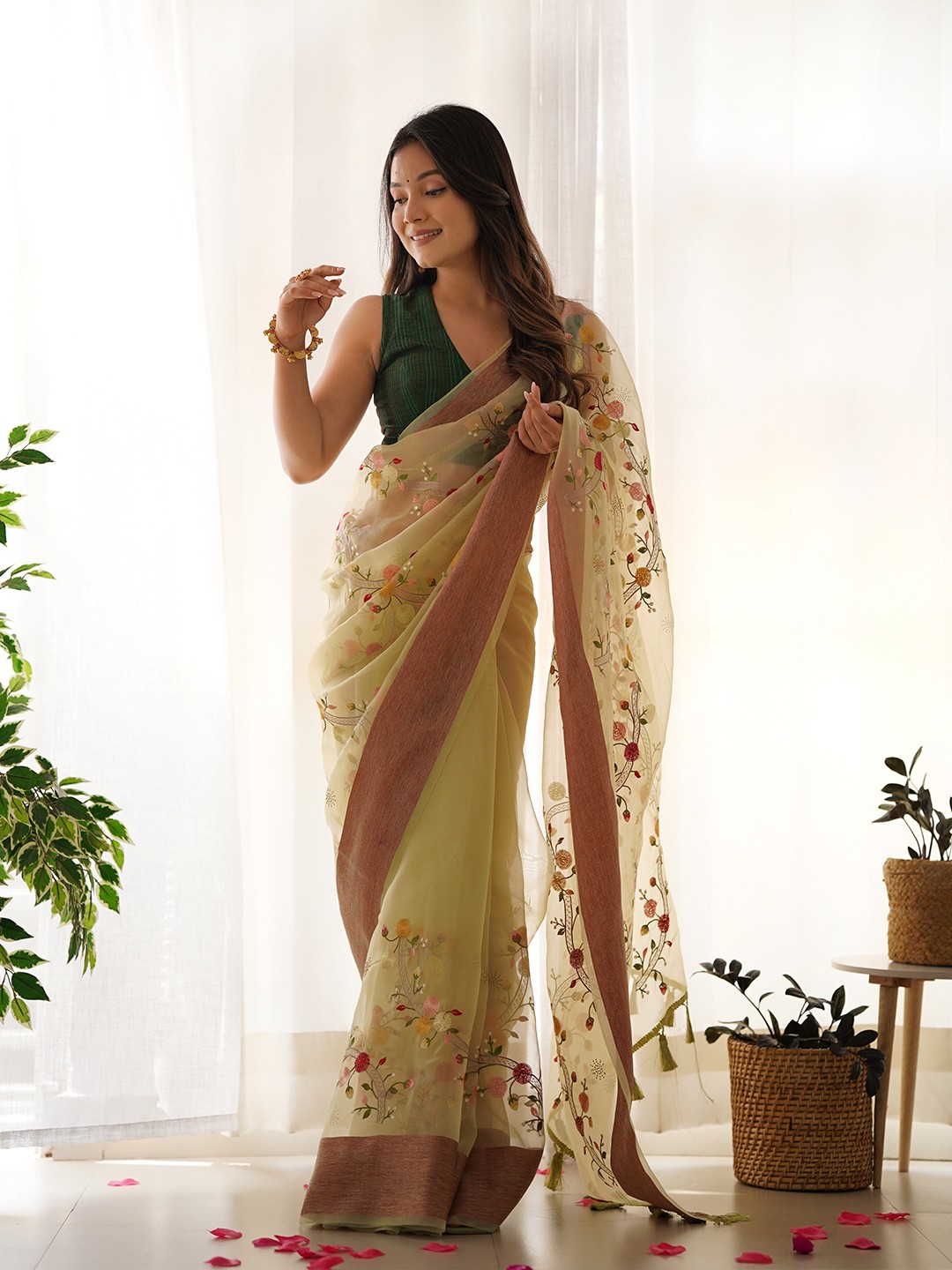 

RV CREATION Floral Organza Saree, Beige
