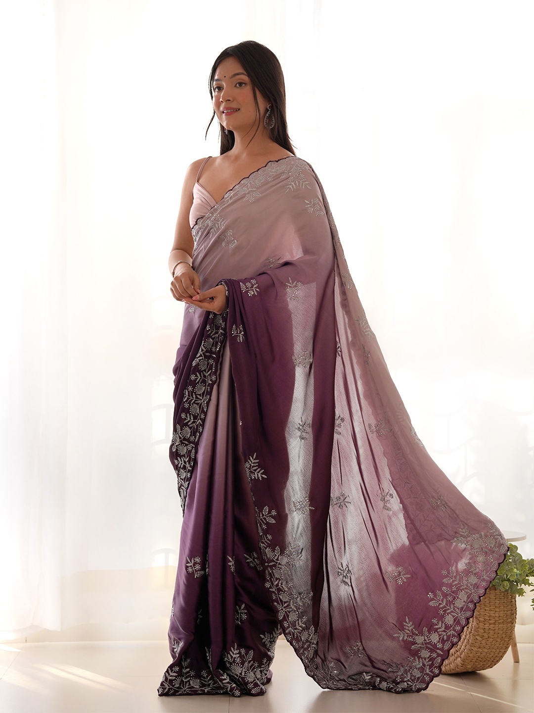 

RV CREATION Ombre Embroidered Silk Blend Saree, Purple