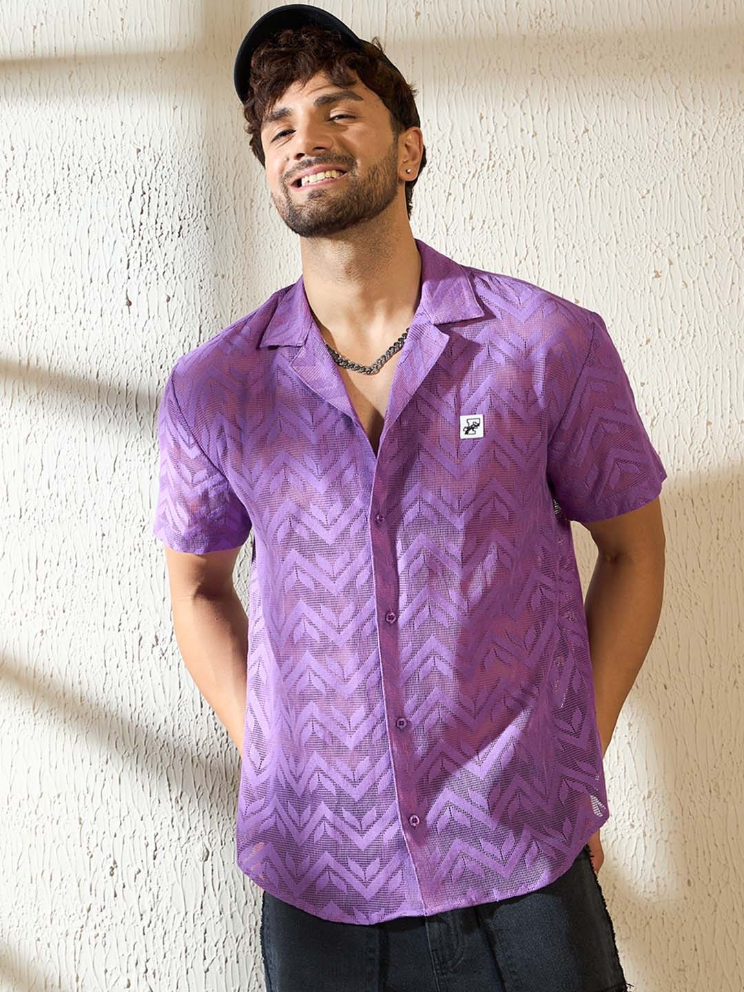 

FUGAZEE Self Design Cotton Sheer Casual Shirt, Purple