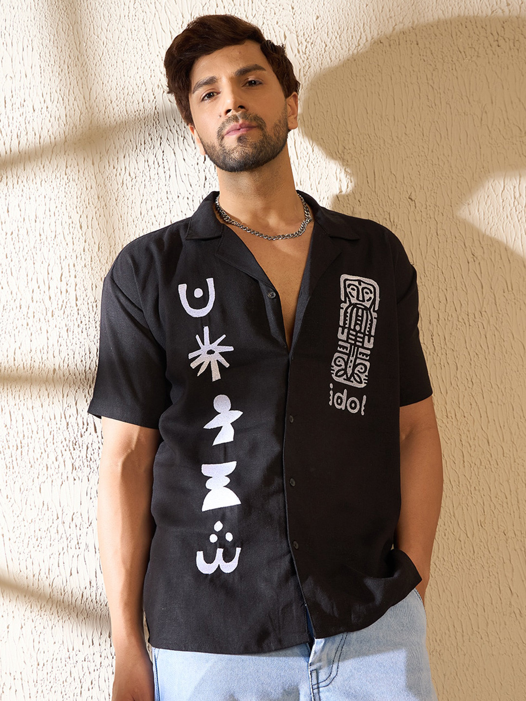 

FUGAZEE Typography Printed Cotton Casual Shirt, Black
