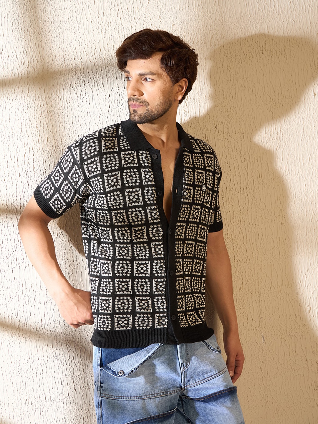 

FUGAZEE Relaxed Geometric Printed Cotton Casual Shirt, Black