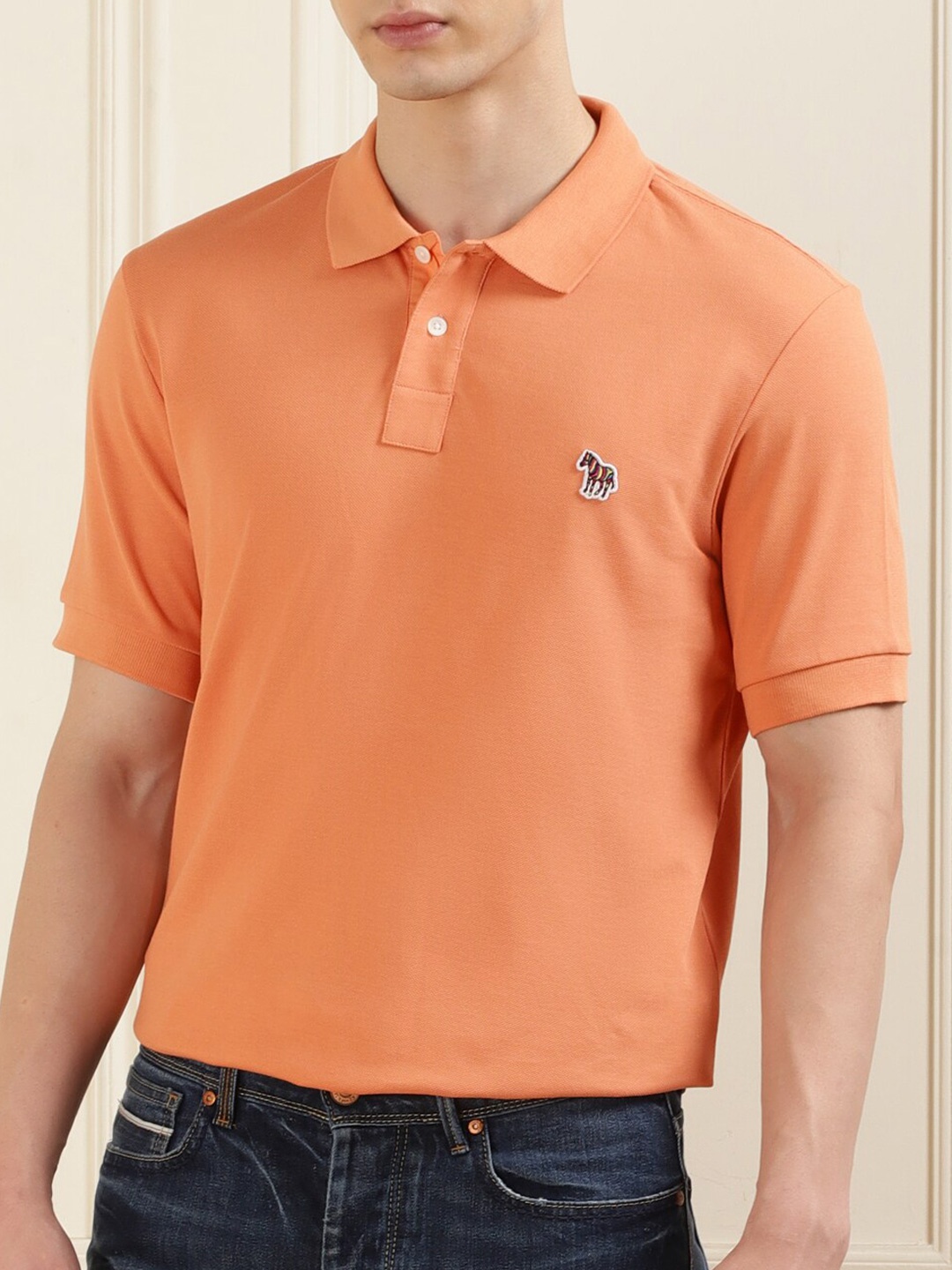 

PS By Paul Smith Men Solid Zebra Badge Polo Collar Applique T-shirt, Orange