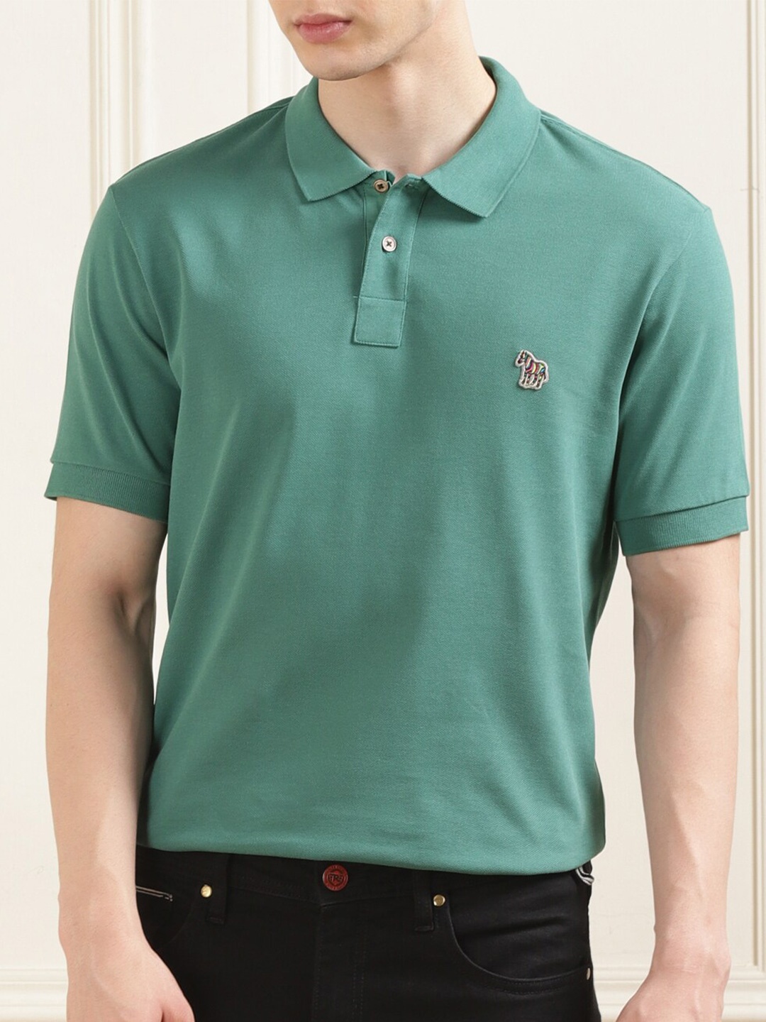 

PS By Paul Smith Men Solid Zebra Badge Polo Collar Applique T-shirt, Green