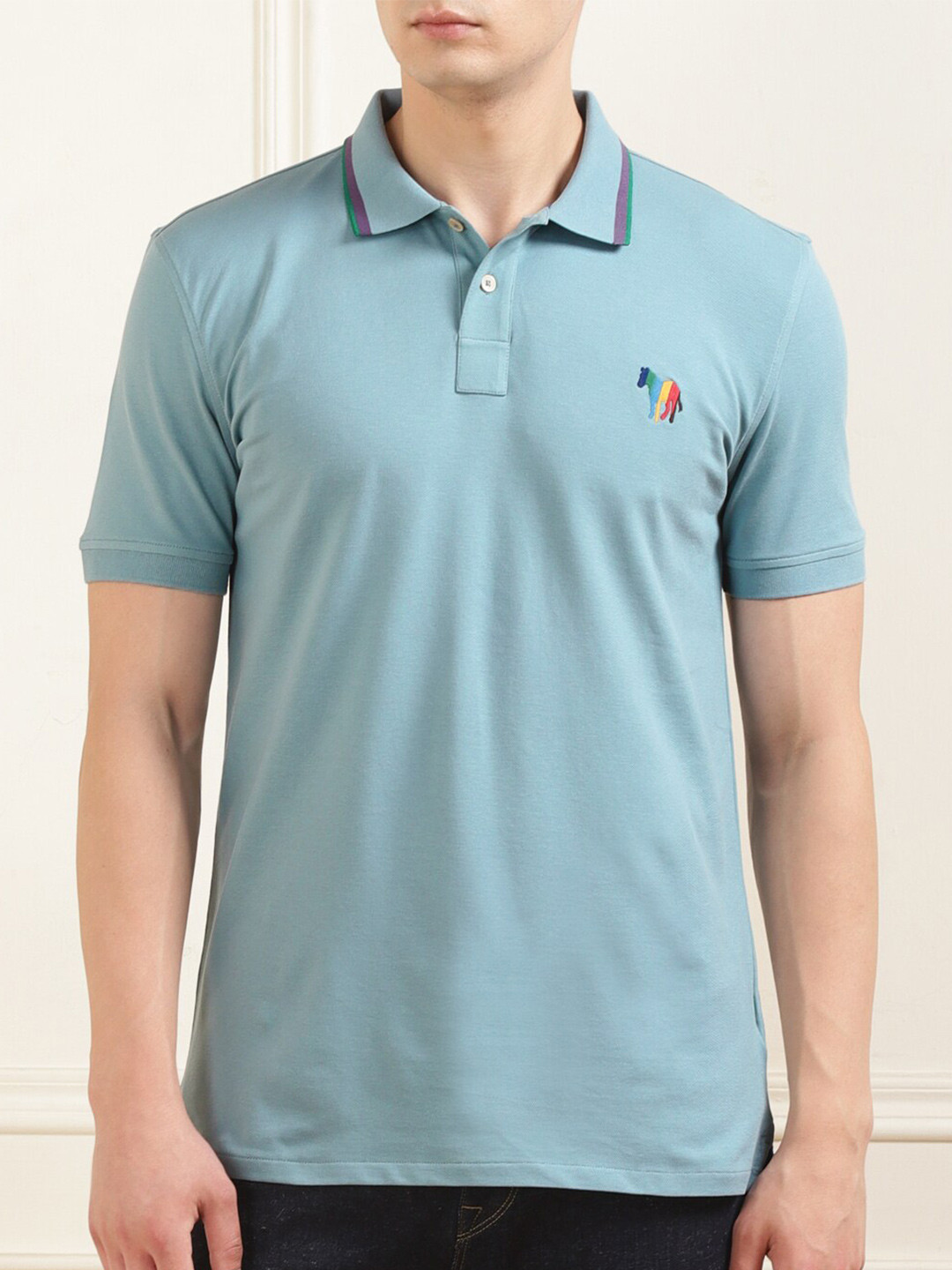 

PS By Paul Smith Men Polo Collar Solid Zebra Logo Applique T-shirt, Blue