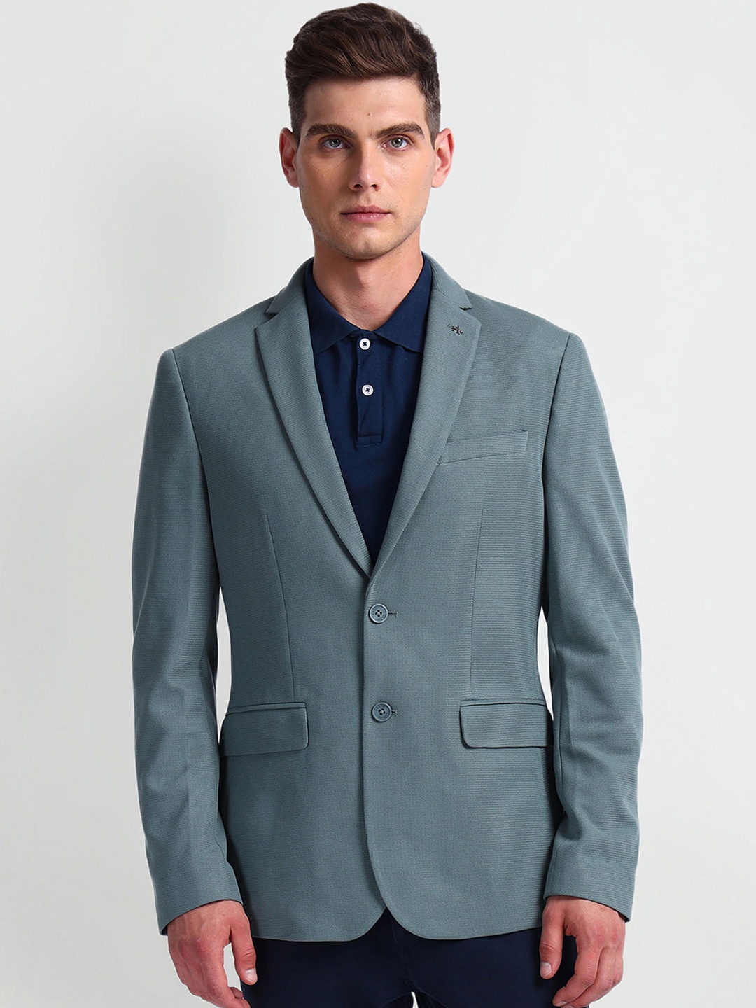 

Arrow Notched Lapel Long Sleeves Single Breasted Slim Fit Formal Blazer, Blue