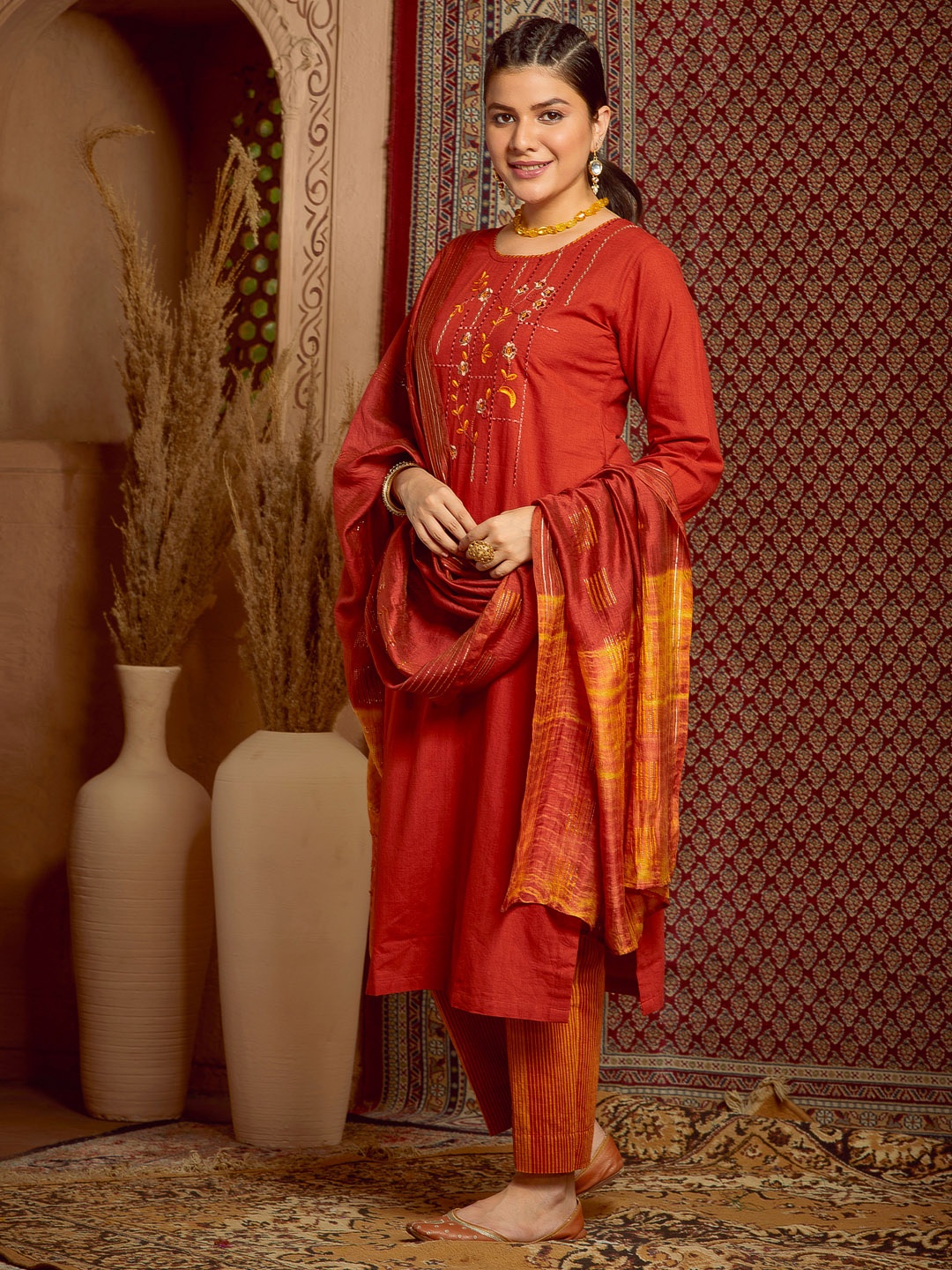 

WOMEN PLUS Regular Thread Work Pure Cotton Kurta with Trousers & With Dupatta, Orange