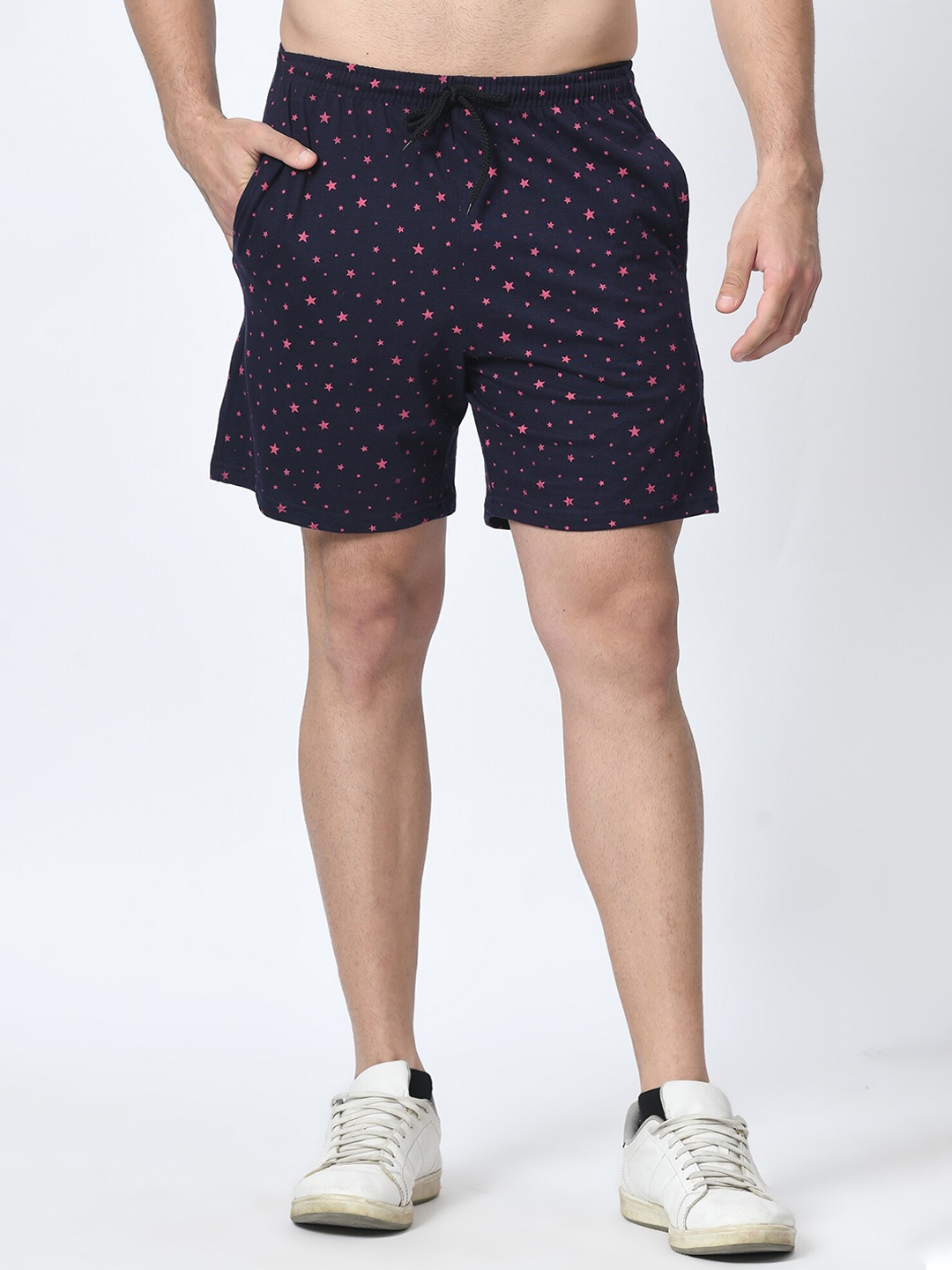 

BAESD Men Conversational Printed Loose Fit High-Rise Cotton Casual Shorts, Navy blue