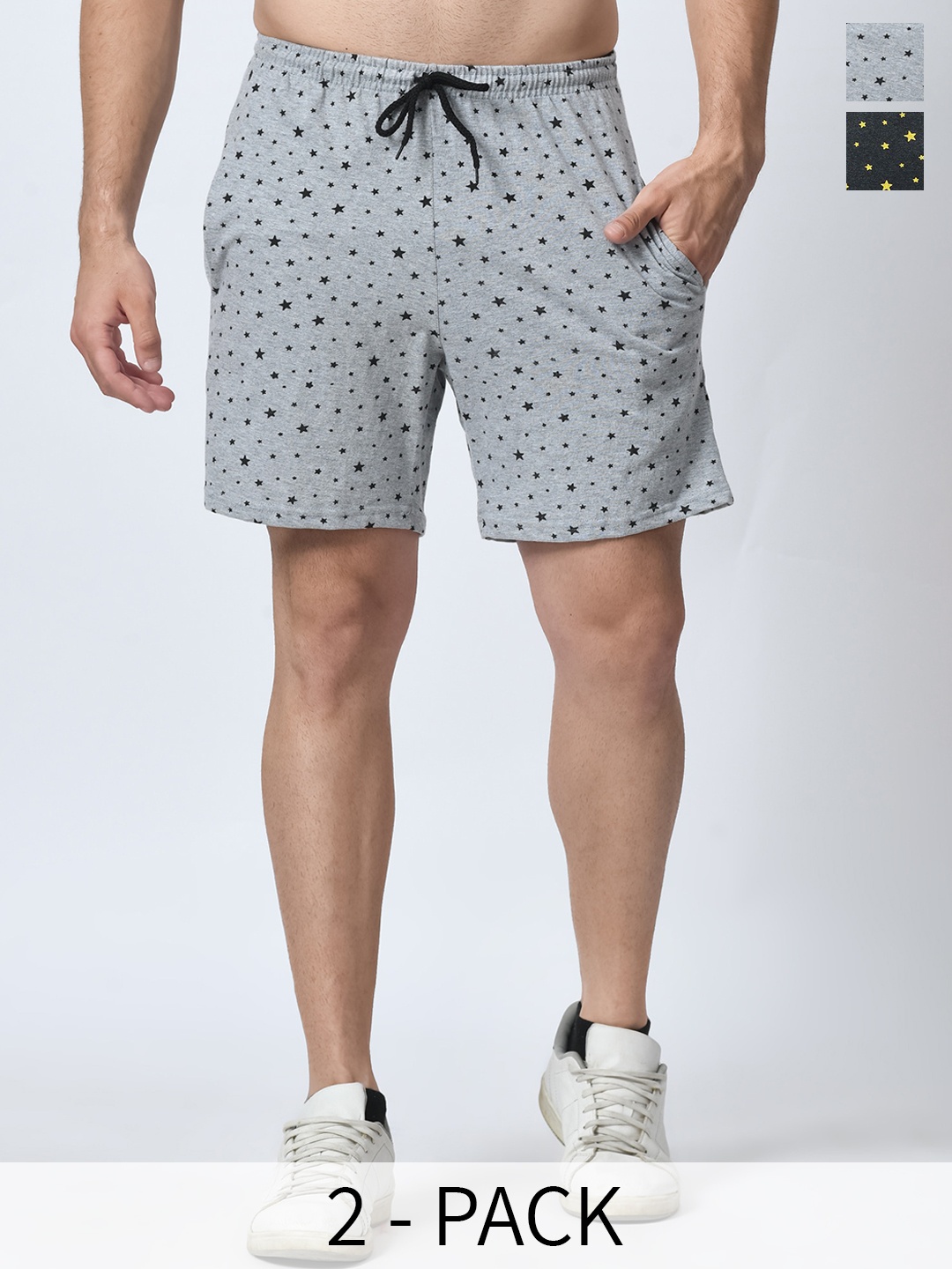 

BAESD Men Pack of 2 Geometric Printed Loose Fit High-Rise Cotton Regular Shorts, Grey