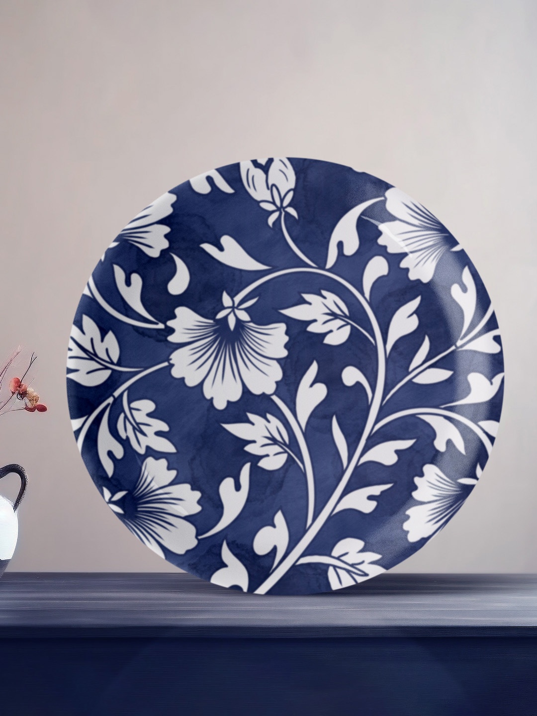 

nestroots Serenity Wall Blue & White Floral Printed Ceramic Hanging Wall Plate Decor, Navy blue