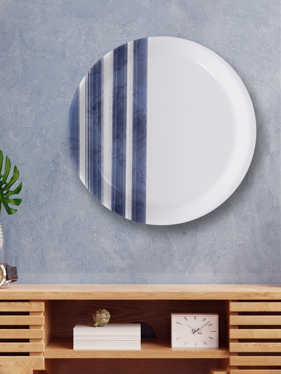 

nestroots Coastal Calm White & Blue Striped Printed Ceramic Hanging Wall Plate Decor