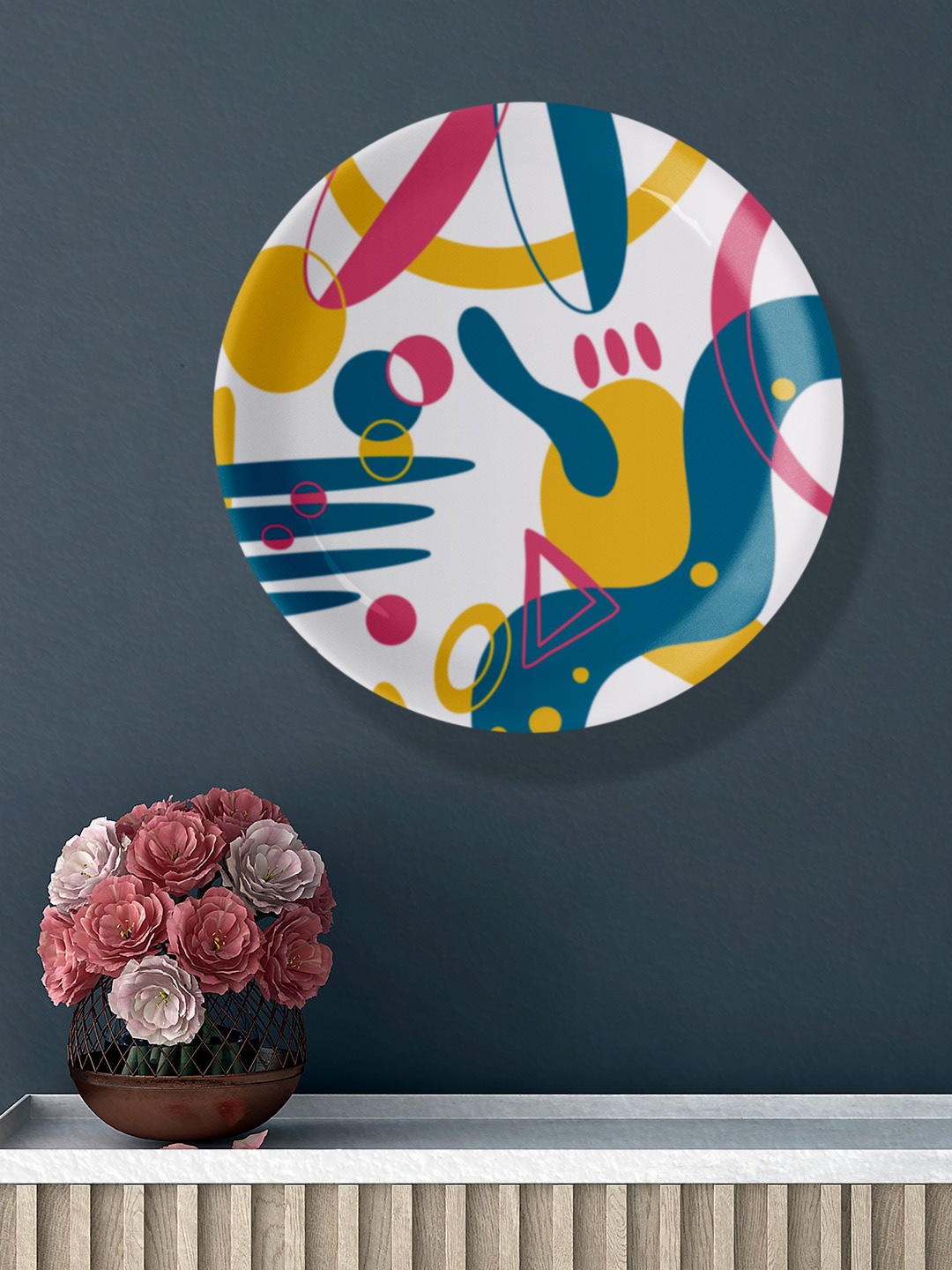 

nestroots White & Mustard Yellow Abstract Printed Ceramic Hanging Wall Plate Decor