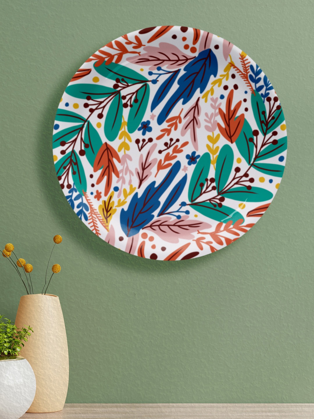nestroots White & Green Printed Ceramic Wall Plate Decor
