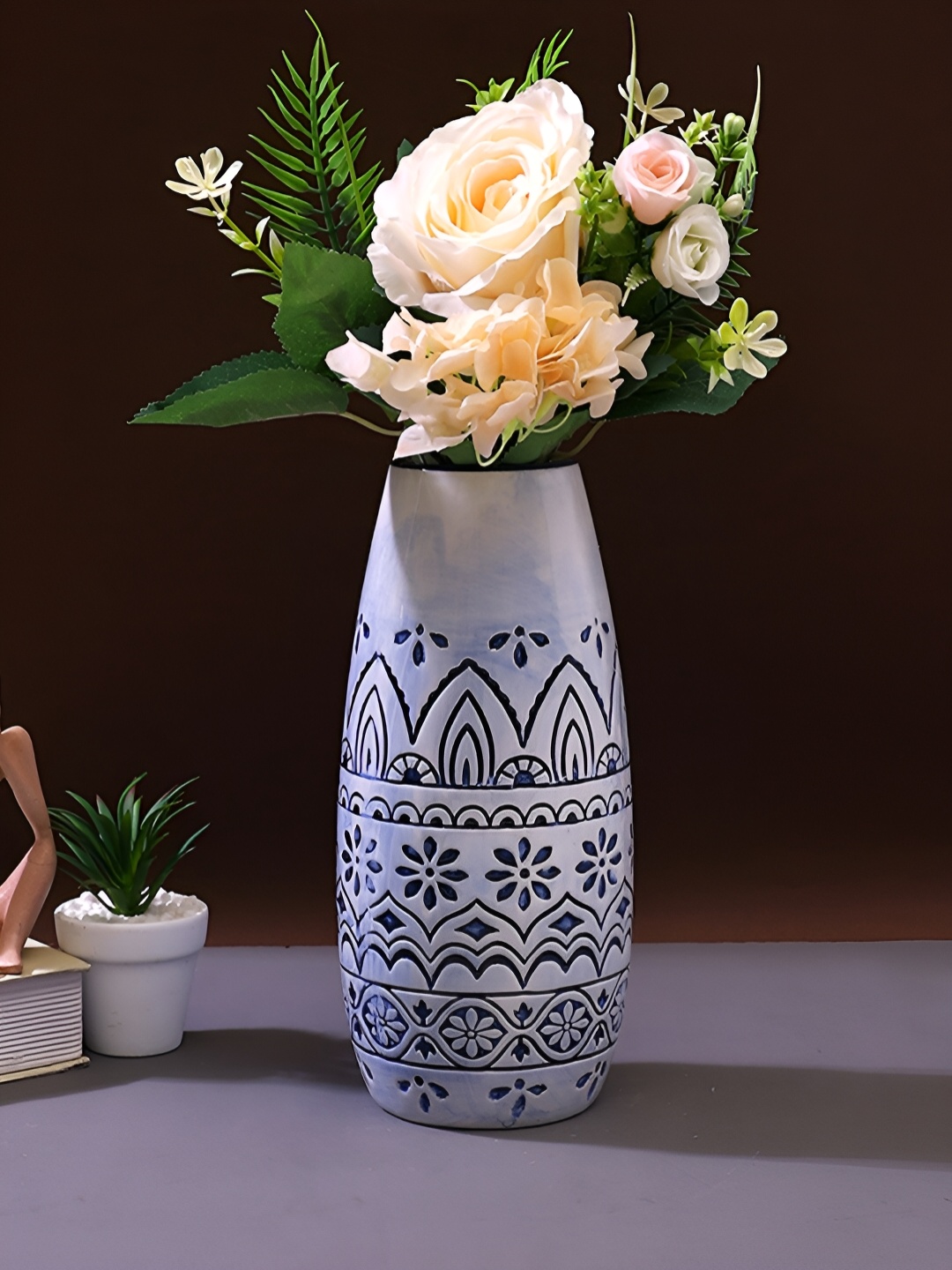 

Aura White & Blue Printed Hollow Flower Vase