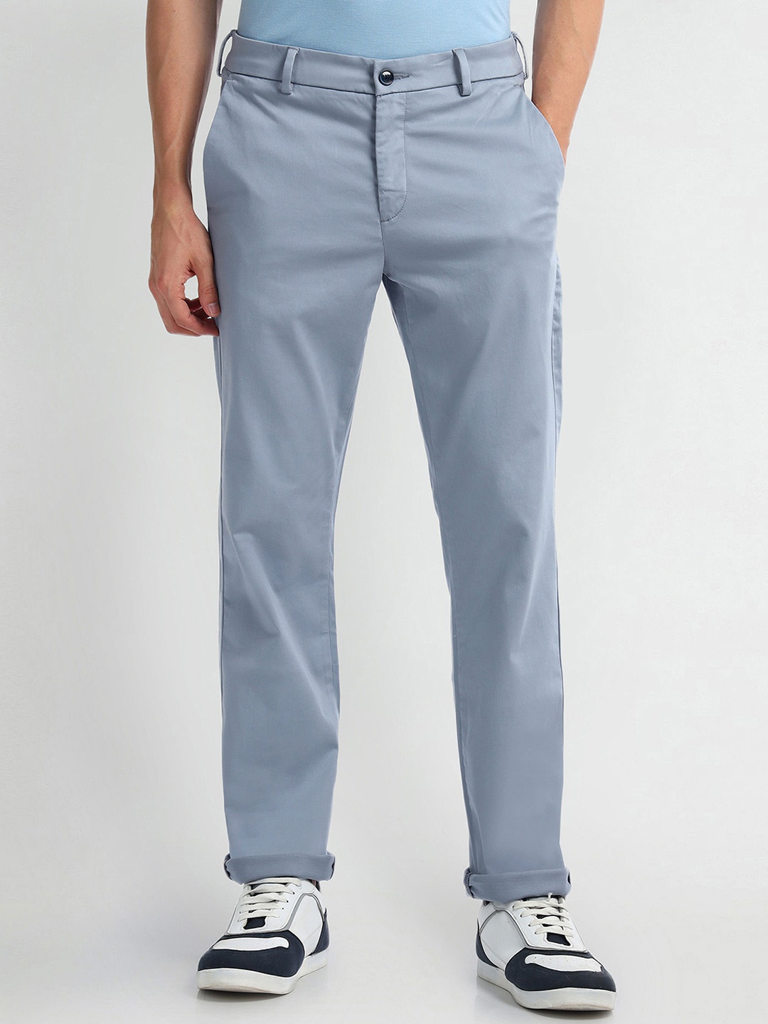 

Arrow Sport Men Slim Fit Mid-Rise Cotton Plain Regular Trousers Trousers, Blue