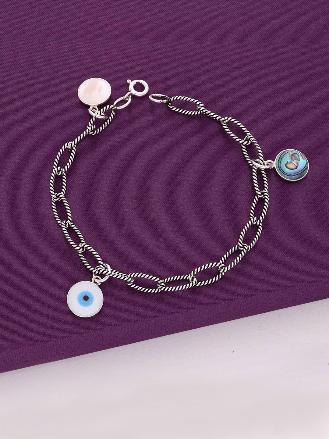 

KAI JEWEL 925 Sterling Silver Rhodium-Plated Cubic Zirconia Evil Eye Charm Bracelet