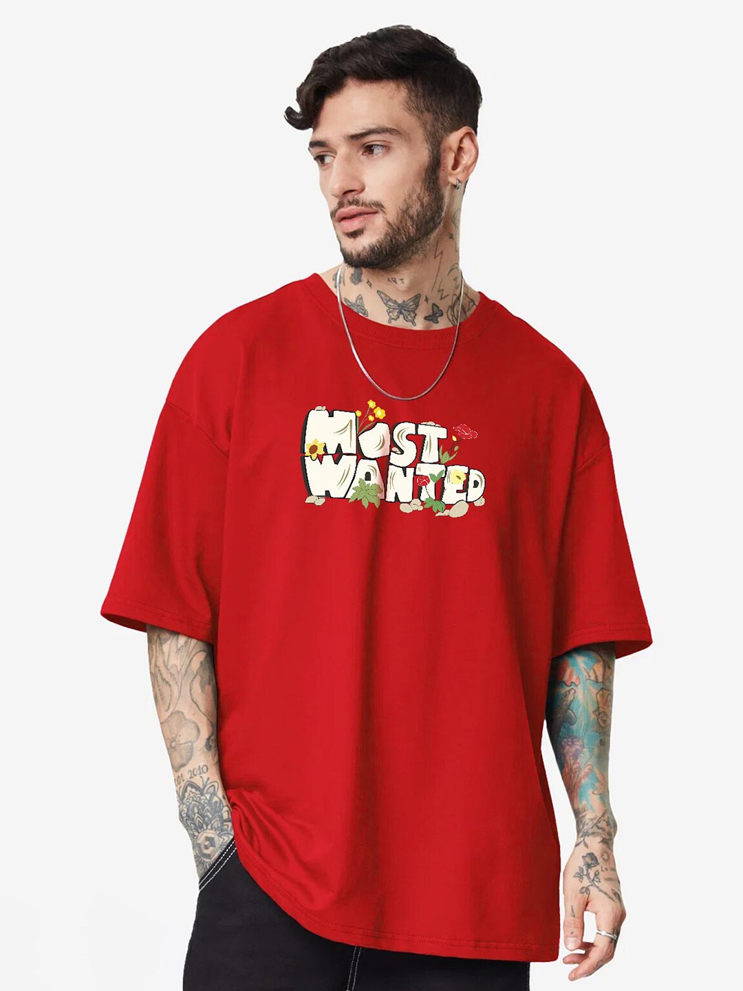 

MISCHIEF MONKEY Men Cotton Typography Printed Oversized T-shirt, Red